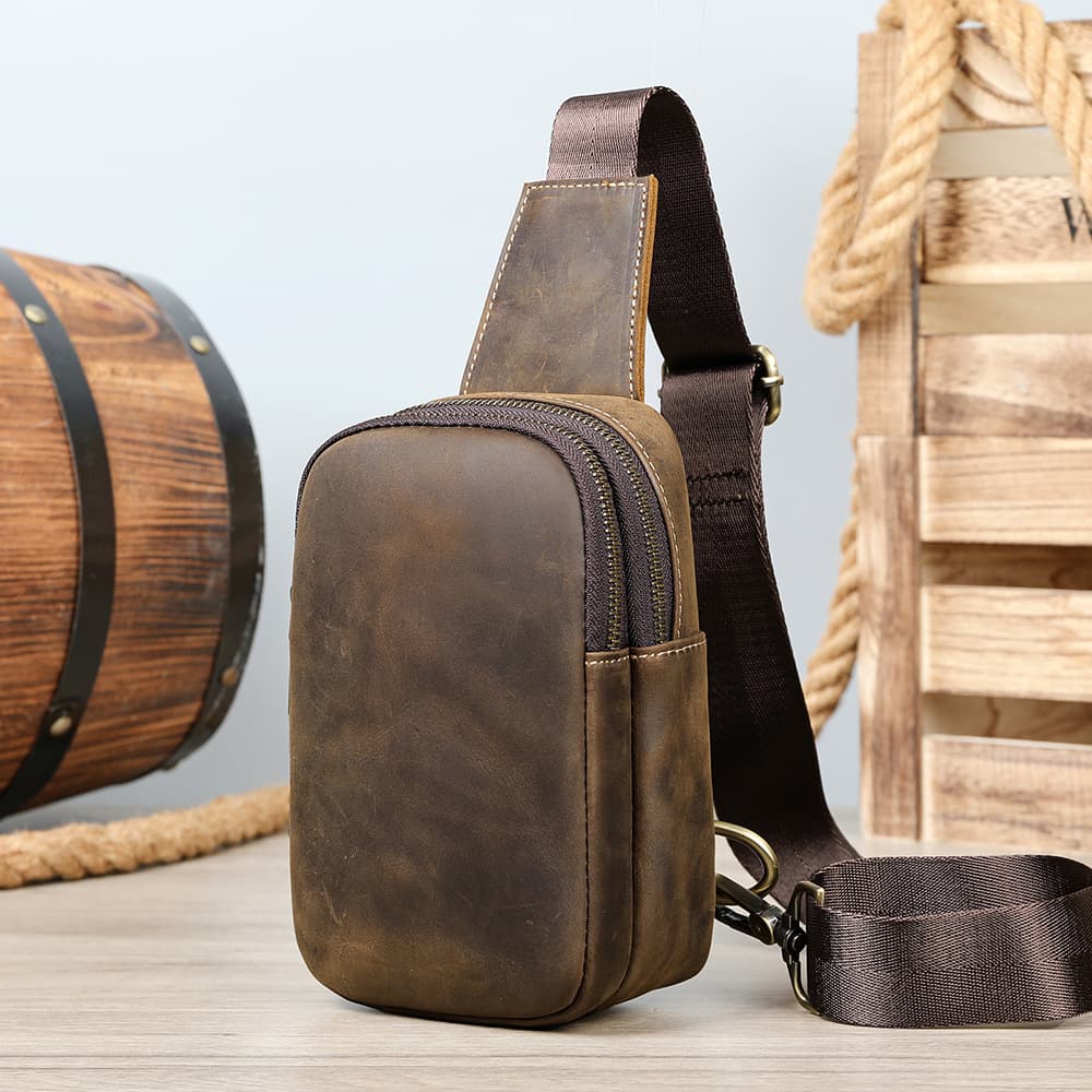 Retro crazy horse leather men's shoulder backpack chest sling bag outdoor travel genuine leather crossbody chest bag