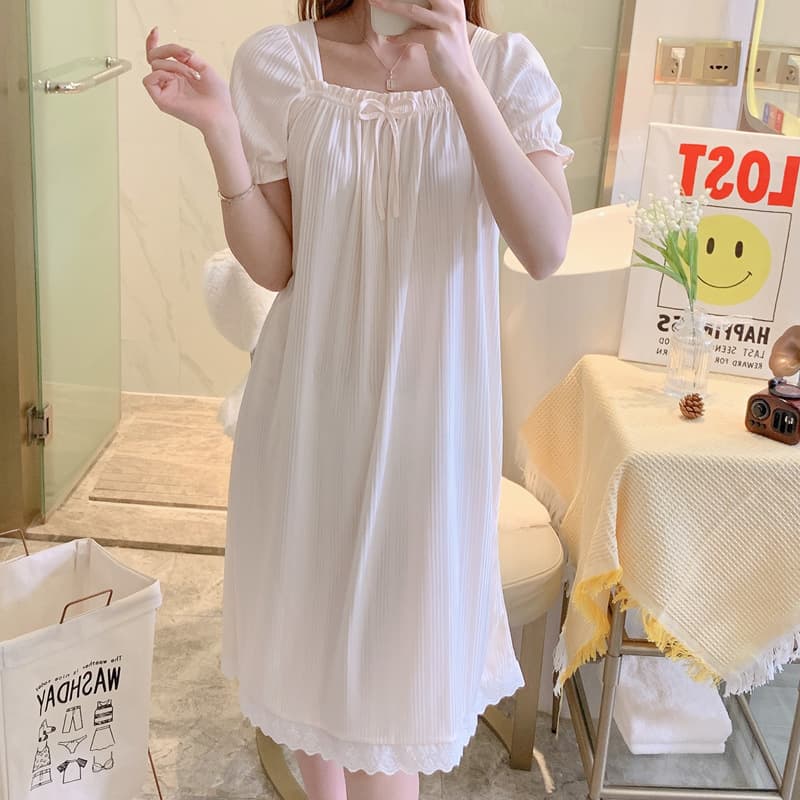 Nightgown Women's Summer Cute Student Short-sleeved Loose Lace Princess Style Sweet Thin Maternity Dress Home Clothes