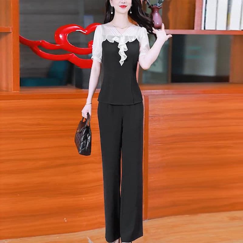 Casual suit 2026 summer new Korean style fashionable and age-reducing slimming short-sleeved tops wide-leg pants two-piece set