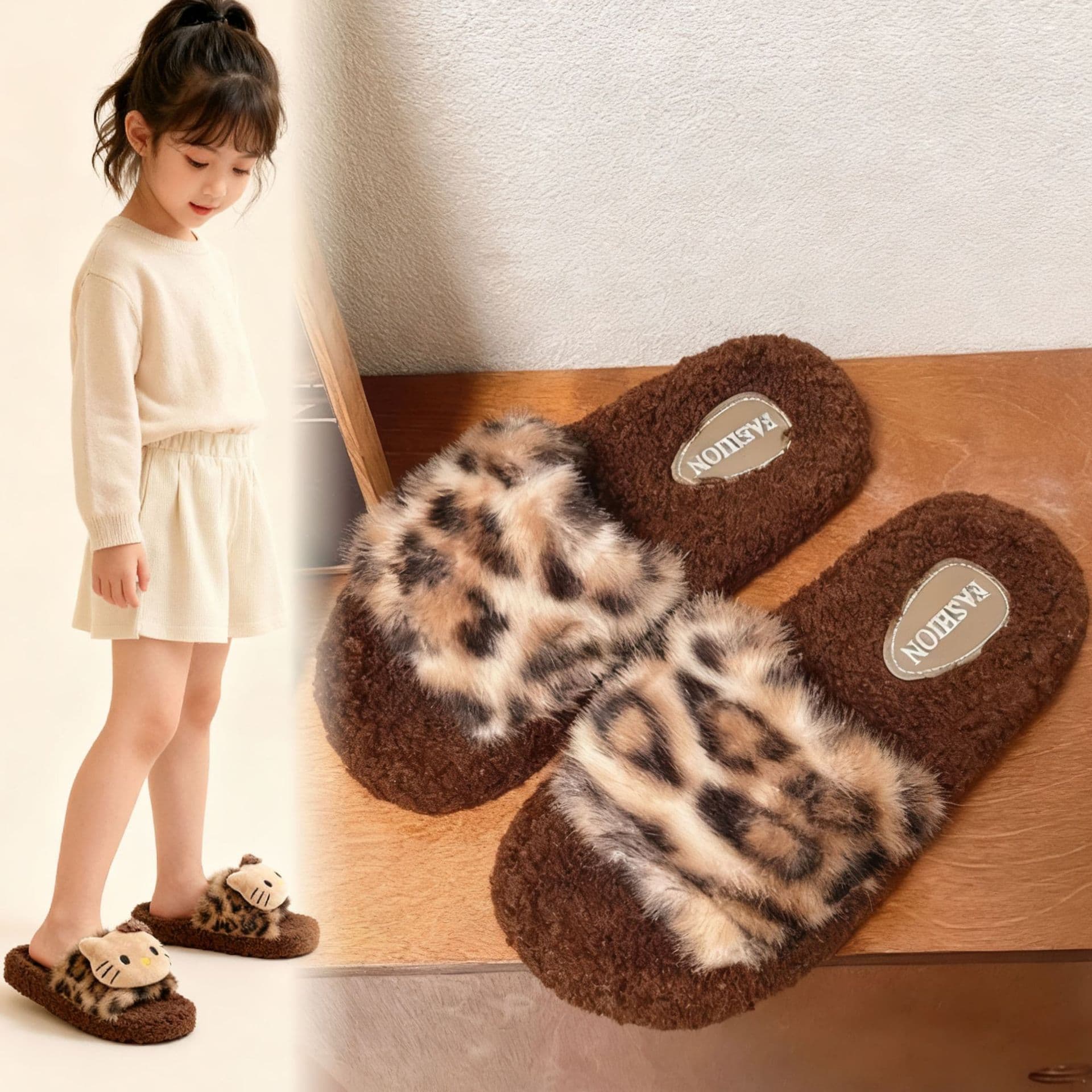 Cute leopard print KT cat plush slippers for girls, indoor wear, non-slip, thick-soled, autumn and winter parent-child plush slippers.