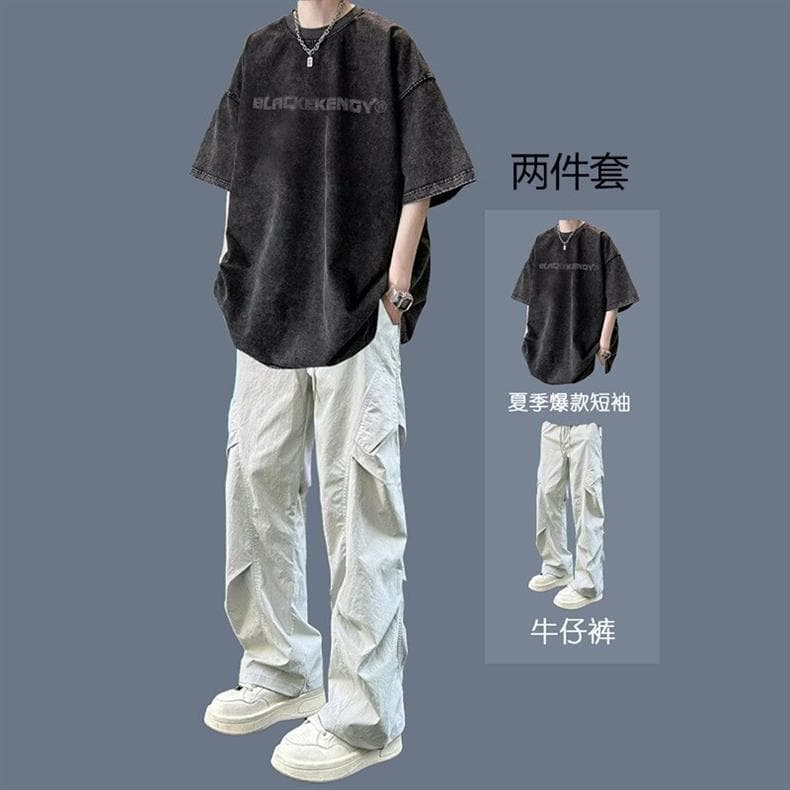 American Street Style Letter Print Short Sleeve T-Shirt Men's Summer Set Teen Student Loose Fit Washed Distressed Tee