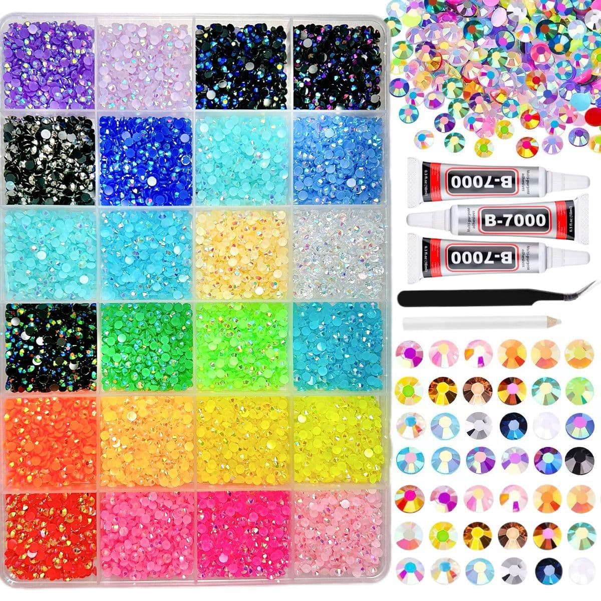 Amazon Best Seller 24-Grid Box AB Color Flat-Back Jelly Resin Rhinestone Case for DIY Nail Art, Accessories, Apparel, and Phone Decor