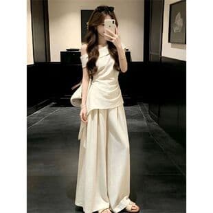 2026 Summer New One-Shoulder Set Fashionable Ruched Ribbon Slim Fit Top High-Waist Wide-Leg Pants Two-Piece Set for Women
