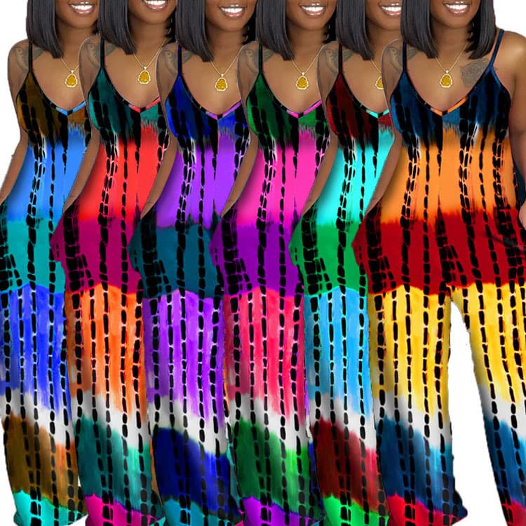 Women's Tie-Dye Print Deep V-Neck Camisole Loose Jumpsuit for Summer, Cross-Border E-commerce Amazon Independent Station Ins