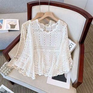 French Fashion Lace Hollow V-Neck Knit Top for Women, New Summer Loose Design Sun Protection Cover-Up Top