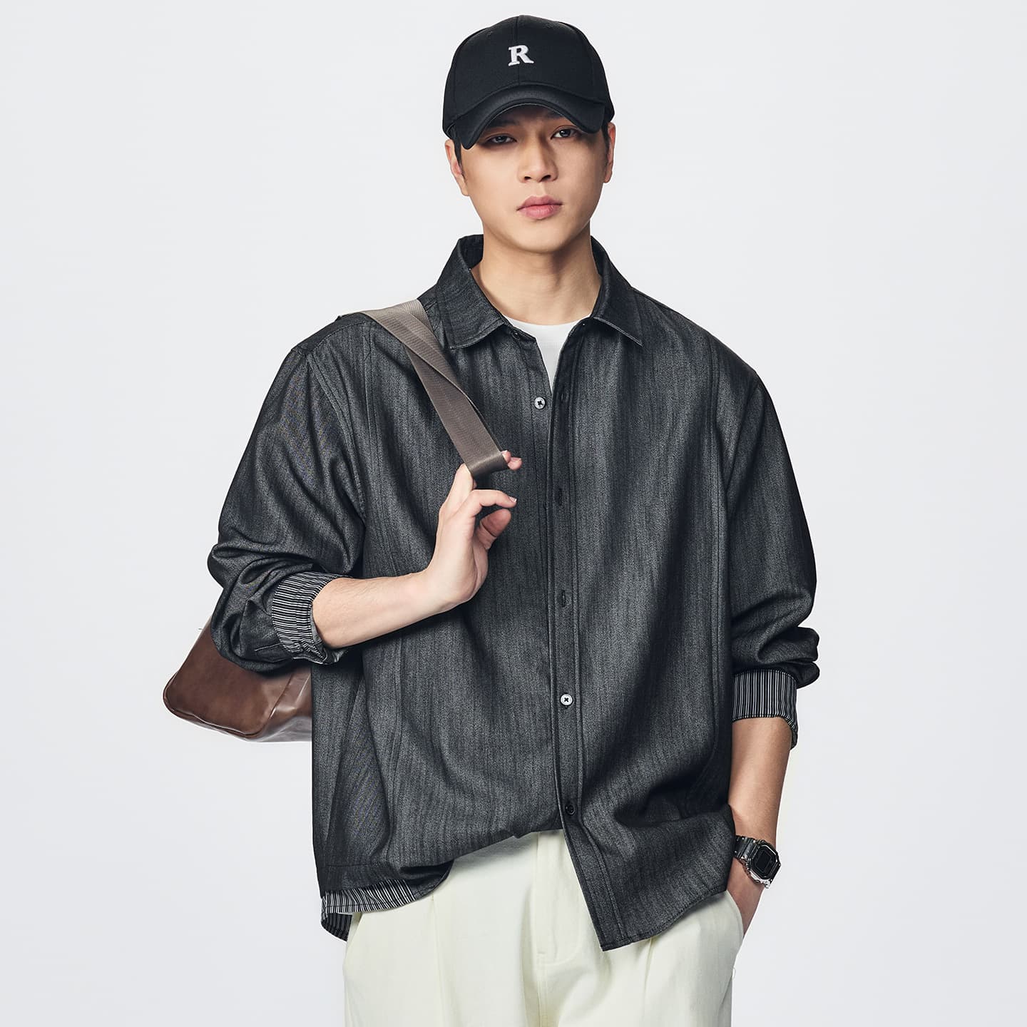 Heavyweight Denim Shirt Jacket for Men Spring 2026 Contrast Stripe Shirt Lapel Jacket Trendy Brand Shirt Wholesale