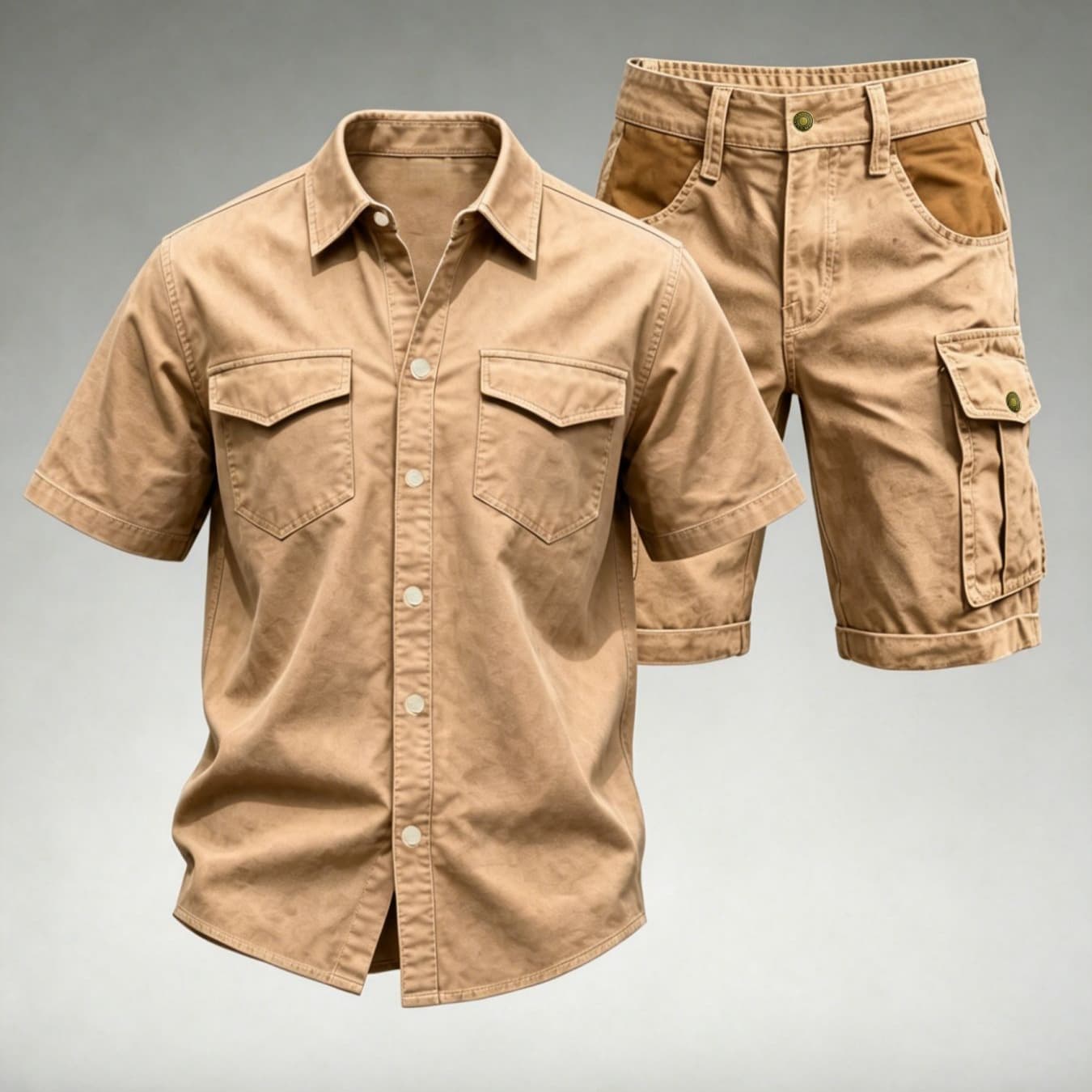 Cross-border Bestseller Summer 100% Cotton Men's Casual Outdoor American Style Workwear Multi-Pocket Short-Sleeve Shirt and Shorts Set