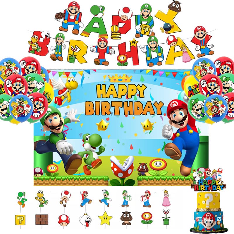 New Mario Game Theme Birthday Party Decoration Mario Bunting Flags Balloons Cake Toppers