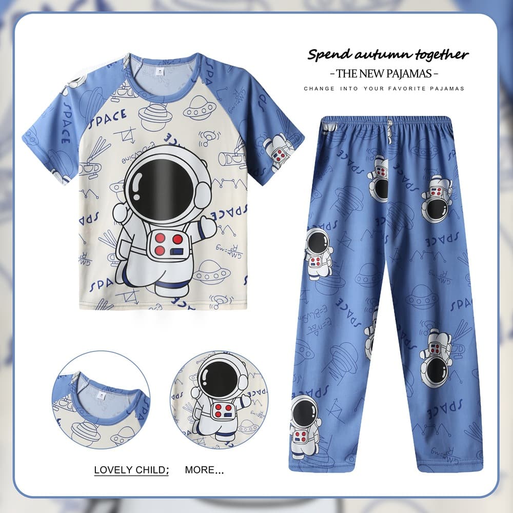 Girls' Pajama Set, Summer Thin Short Sleeve Top and Long Pants, Air Conditioning Wear, Suitable for Medium to Large Kids, Can Be Worn Outside