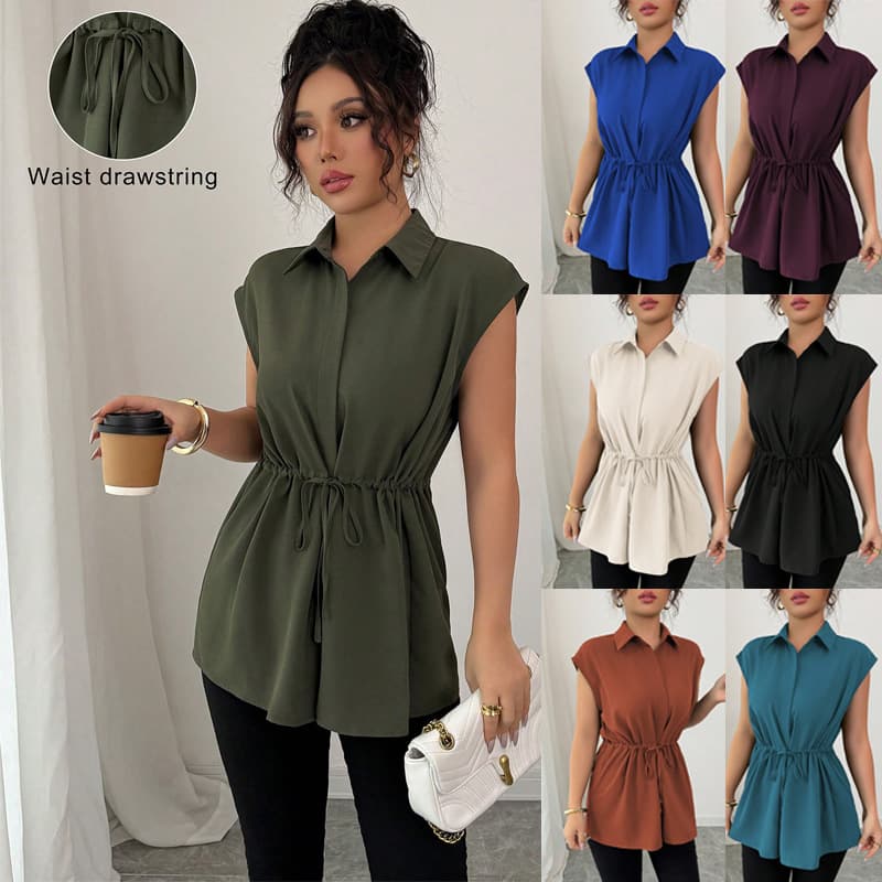 2026 Cross-border Amazon Europe/US Fashion Loose Fitted Single-Breasted Solid Color Polo Collar Women's Short Sleeve Top