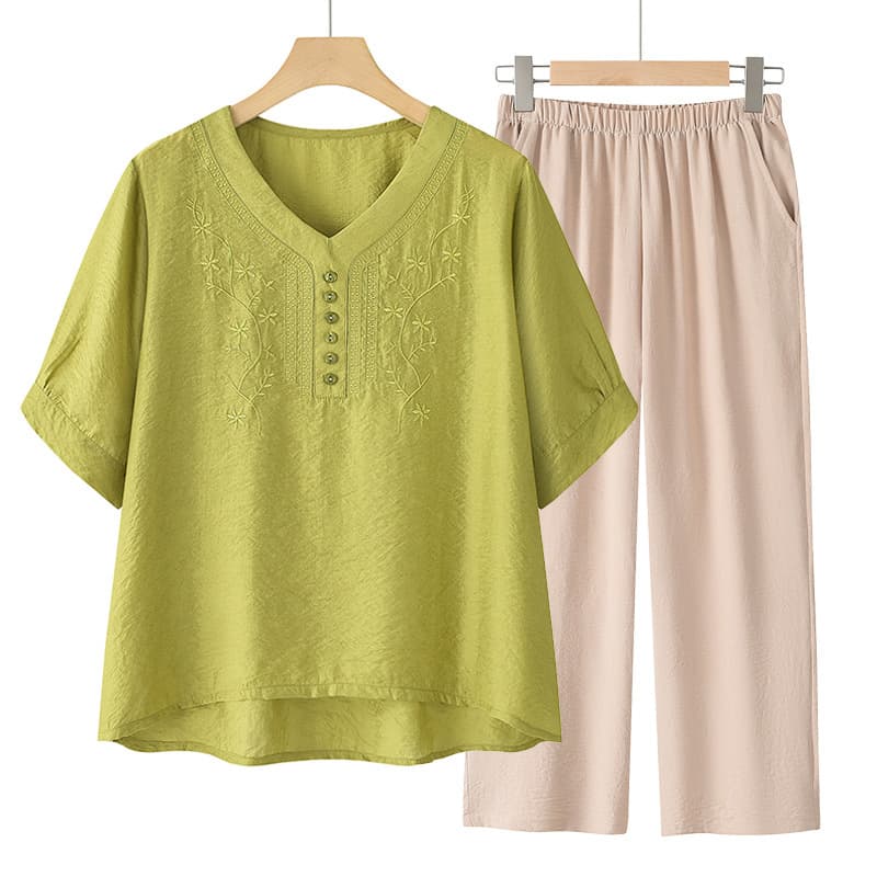 Grandma summer suit for middle-aged and elderly women, short-sleeved two-piece suit, plus size fat mom top, old lady clothes