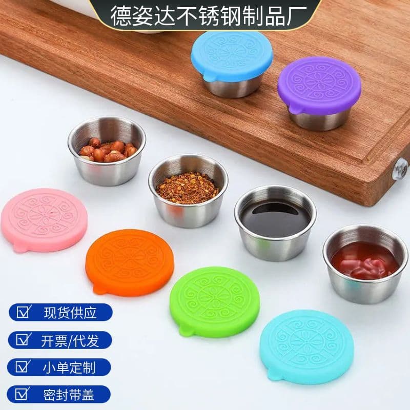 [In Stock] 304 Stainless Steel Dipping Dish Home Use Seasoning Dish Sauce Cup with Sealing Silicone Lid Cross-border