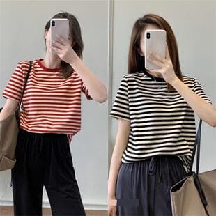 Red and White Striped T-Shirt for Women Short Sleeve 2024 Summer New Trendy Loose Youthful Stylish White-Boosting Top Ins Fashion
