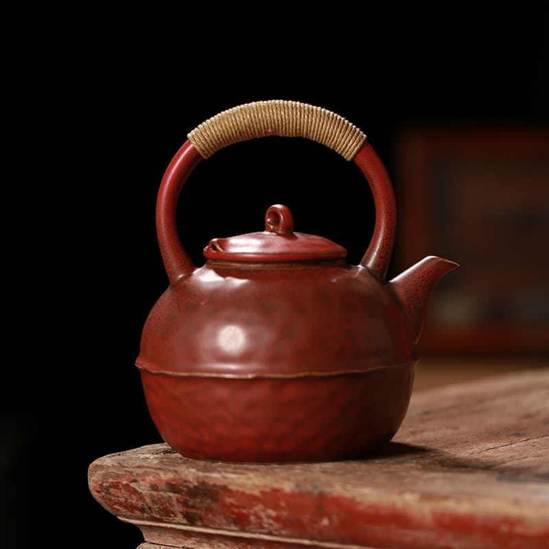 Chaozhou Ceramic Heat-Resistant Forbidden City Red Handle Pot and Charcoal Stove Tea Set, Large Capacity Tea Brewer