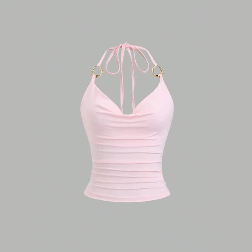 French Elegant Metal Ring Strap Halterneck Camisole with Draped Neckline, Front Gathers, and Side Waist Tucks