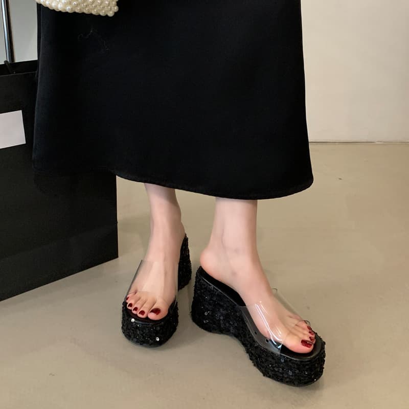 Spring Transparent Strap Fashion Show One-Band Open-Toe Slippers, Leg-Lengthening Thick Platform Wedge Heel Sequins Sandals High Heels