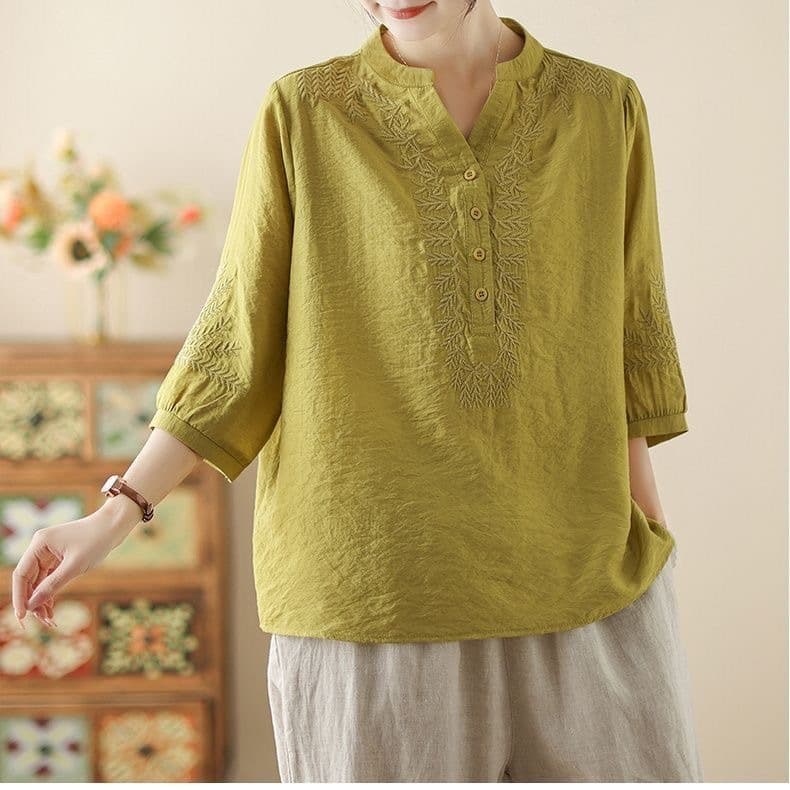 Vintage Cotton Embroidered Blouse for Women 2026 Summer Thin Breathable Short Sleeve Loose Fitting Slimming Top