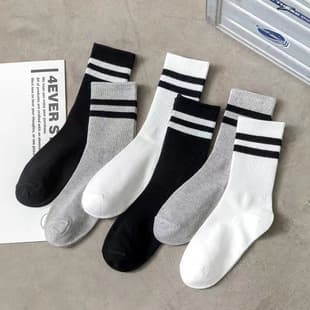 Shark Pants Matching Socks Women Black White Gray Double Stripe Mid-Calf Socks Pure Cotton Trendy Casual Sports Long Socks Ins Style