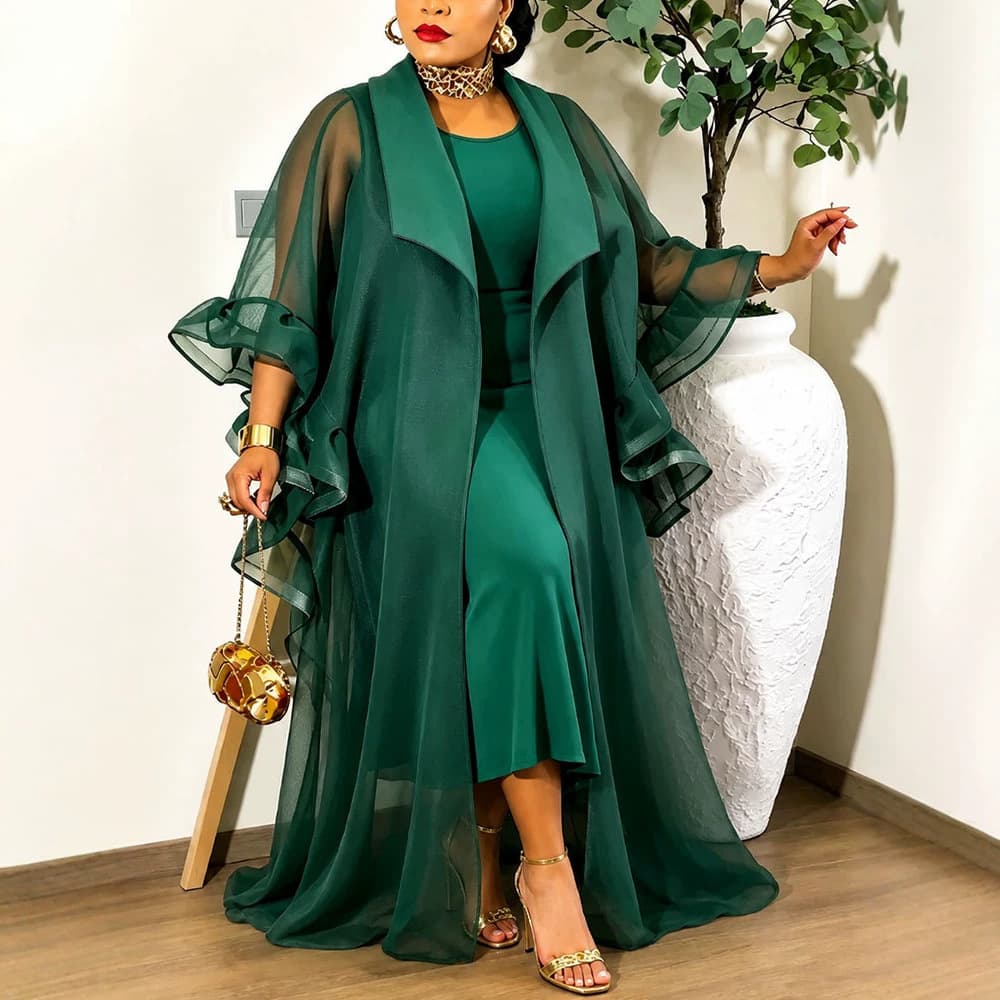 Plus size women's dark green mesh cardigan two-piece set, body-covering slimming dress, banquet evening dress suit
