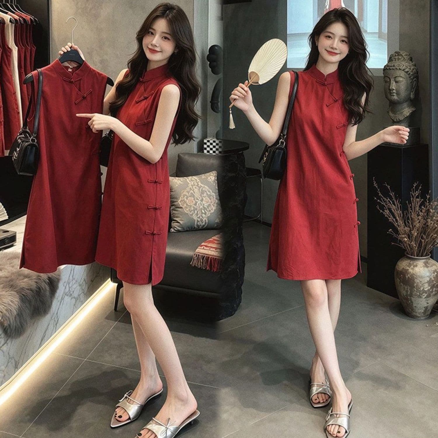 New Chinese Style Improved Cheongsam Dress for Women Summer New Arrival Stand Collar Sleeveless Vintage Frog Button Elegant Mini Dress