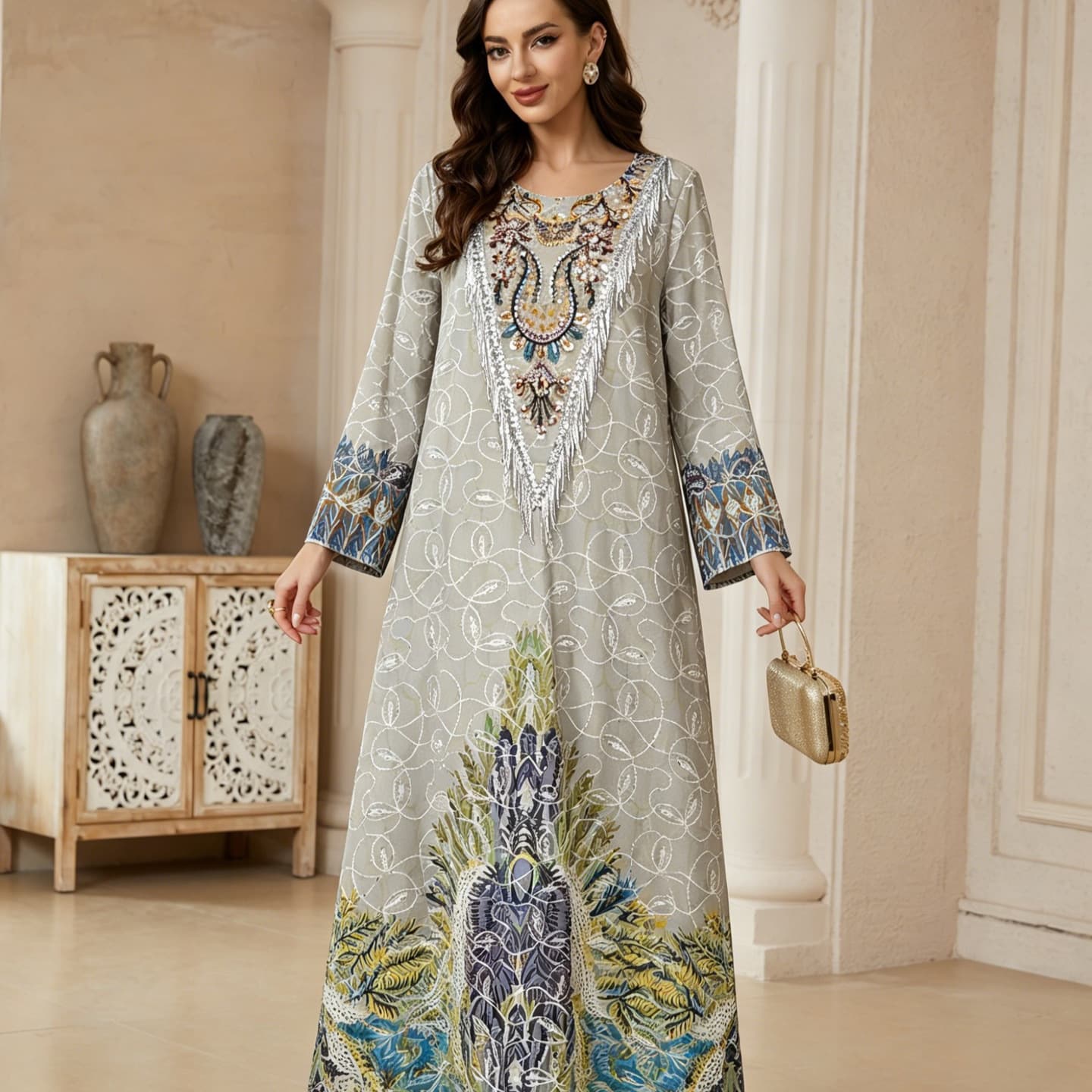 BW10 Digital Print Long Robe for Women V-Neck X Front Embroidery Dress Fashion Ethnic Style Turkey