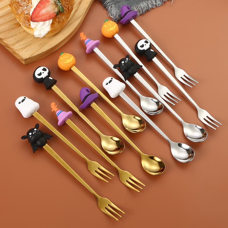 Cross-border 304 Cartoon Halloween Spoons and Forks Wholesale Creative High Value Tableware Cute Dessert Coffee Spoons and Forks