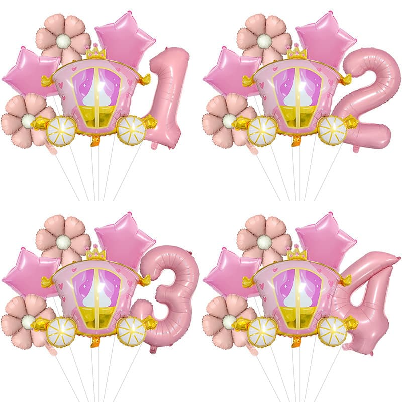 Cartoon Princess Carriage Aluminum Foil Balloon Set 32inch Pink Number Daisy Aluminum Foil Birthday Party Decoration Supplies