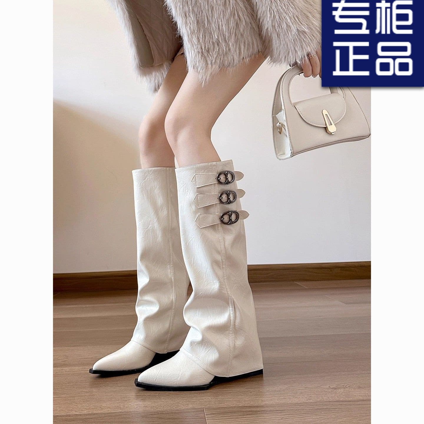 Pointed Toe Inner Height Boots for Women Belt Buckle White Over-the-Knee Wedge Heel Riding Boots 2025 Winter