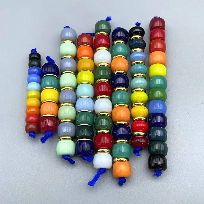 Tibetan Style Shambhala Rainbow Beads with Safflower Seed and Coconut Shell Spacers, Multi-colored Barrel Beads Universal Buddhist Mala Separators in Red