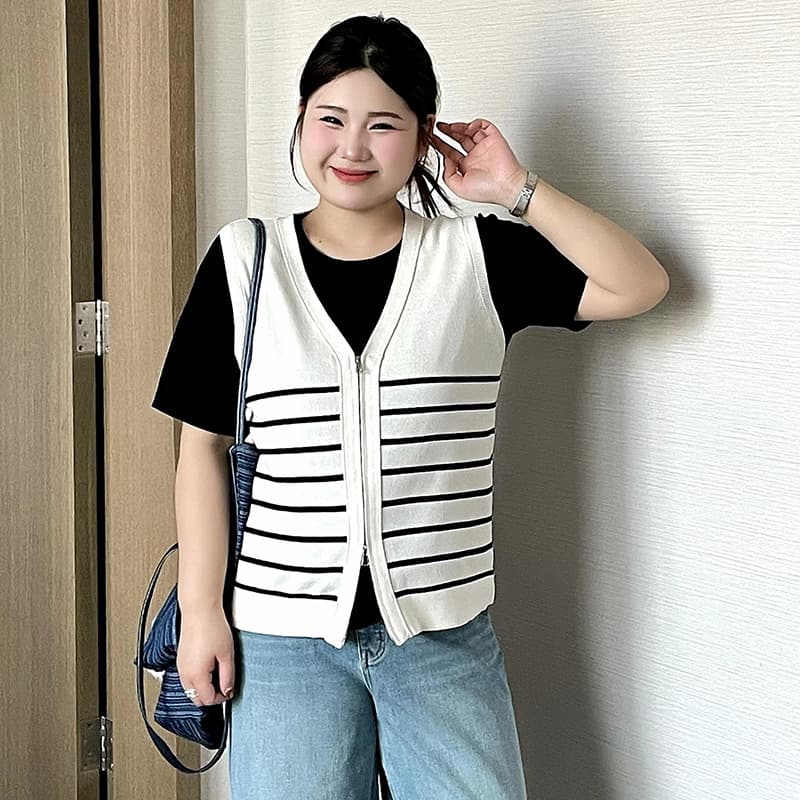 Plus size women's wear v-neck sleeveless knitted cardigan for women 2026 spring fat mm versatile loose striped vest 23835