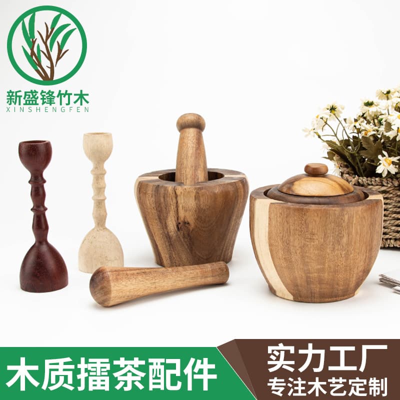 Wholesale Lei Cha Accessories Solid Wood Garlic Pounder Herb Grinder Wooden Mortar Garlic Masher Household Wooden Mortar Baby Food Garlic Press Grinder