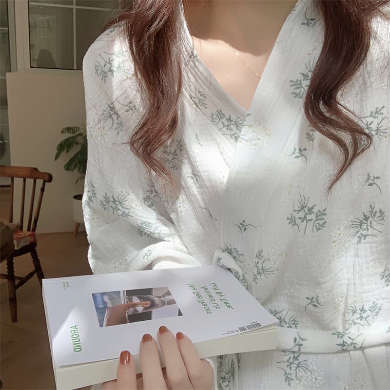 Real Shot of 2026 Spring New Women's Cotton Gauze Floral Bathrobe Long Kimono-Style Loose Pajamas Loungewear