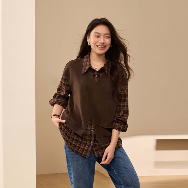 【Faux Two-Piece Plaid Sweatshirt】Slim & Beautiful Plus Size Women's Retro Artistic Style Top for Curvy Women - New Winter Arrival