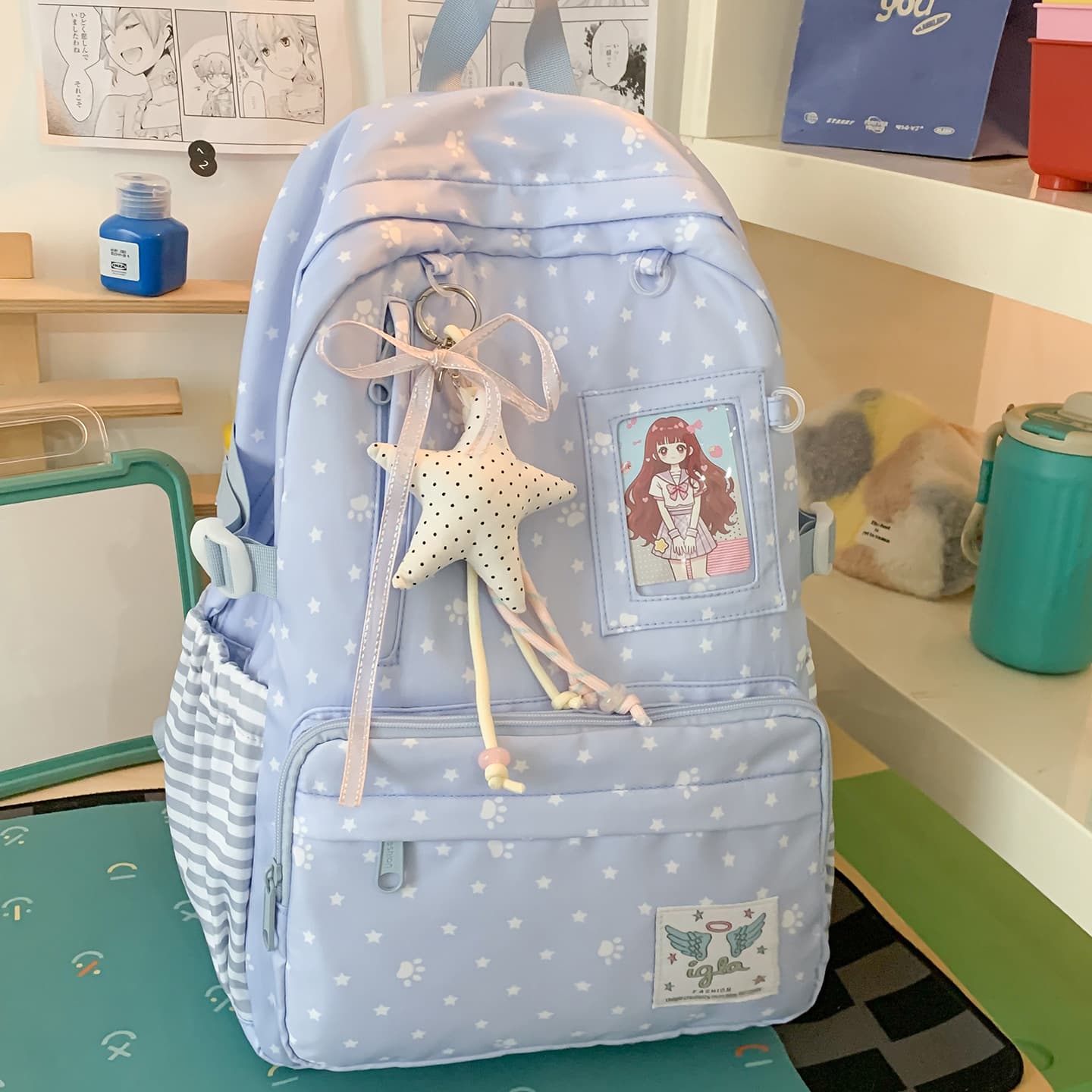 Good-looking star backpack for female middle school and high school students, cute, lightweight, large-capacity backpack, polka-dot student schoolbag