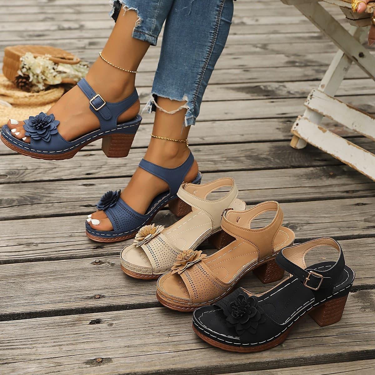 2026 Wedge Platform Sandals for Women, Chunky Heel, Large Size, Flower Decoration, One-Strap, European and American Style High Heel