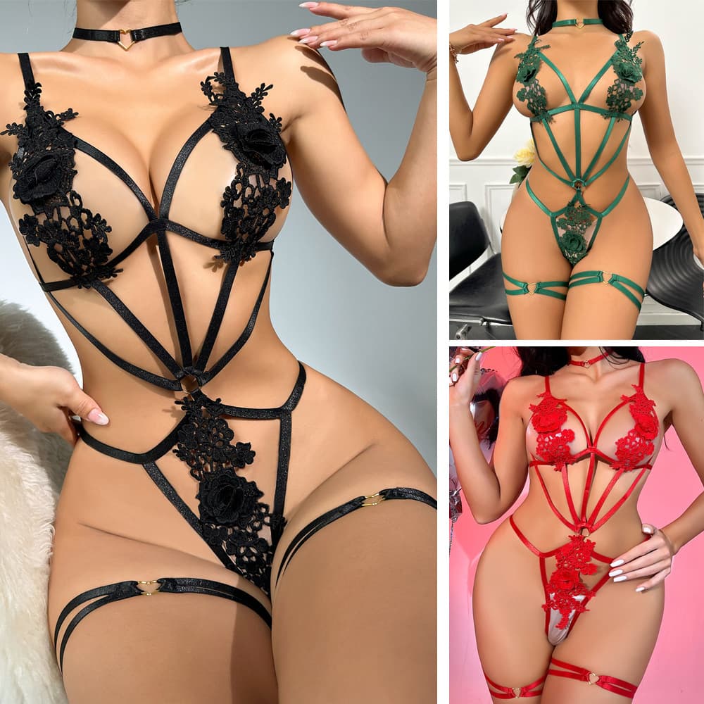 European and American Sexy Hollow-out Water-soluble Lace Tie Lingerie Set for Women, Transparent Sexy Ribbon Lingerie