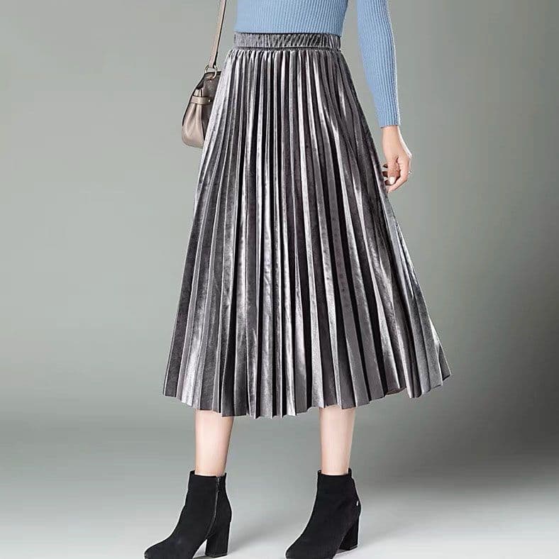 Velvet Midi Skirt Fashion Pleated Skirt for Women Spring Autumn New High Waist Women's Full Skirt Long Skirt