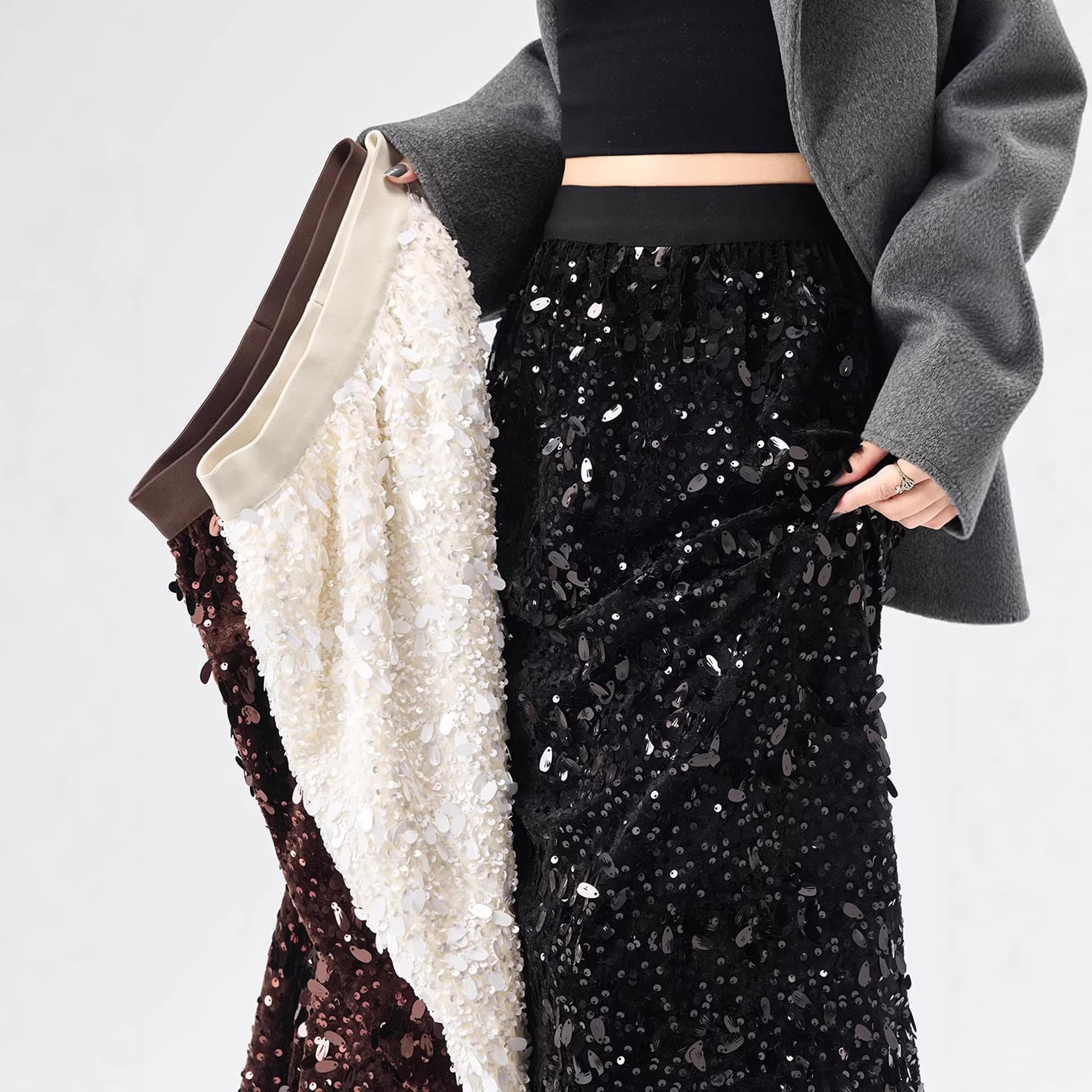 Thickened Sequin Skirt for Women, Autumn/Winter High-Waist Slim Straight Split Petite-Friendly Flowing A-Line Bodycon Long Skirt