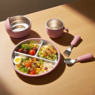 New Silicone Stainless Steel Suction Plate Integrated Baby Feeding Set with Bowl, Fork, Spoon, and Cup