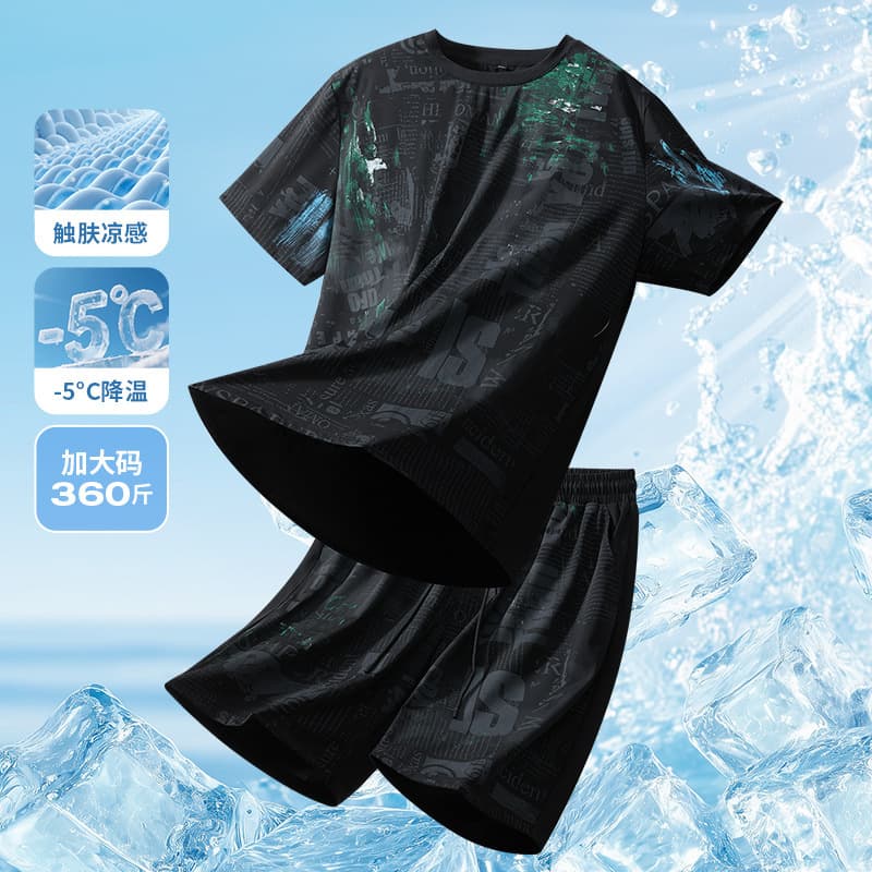 Large size 320 catties ice silk quick-drying short-sleeved suit men's summer cross-border foreign trade fat guy half-sleeved T-shirt shorts one piece drop shipping