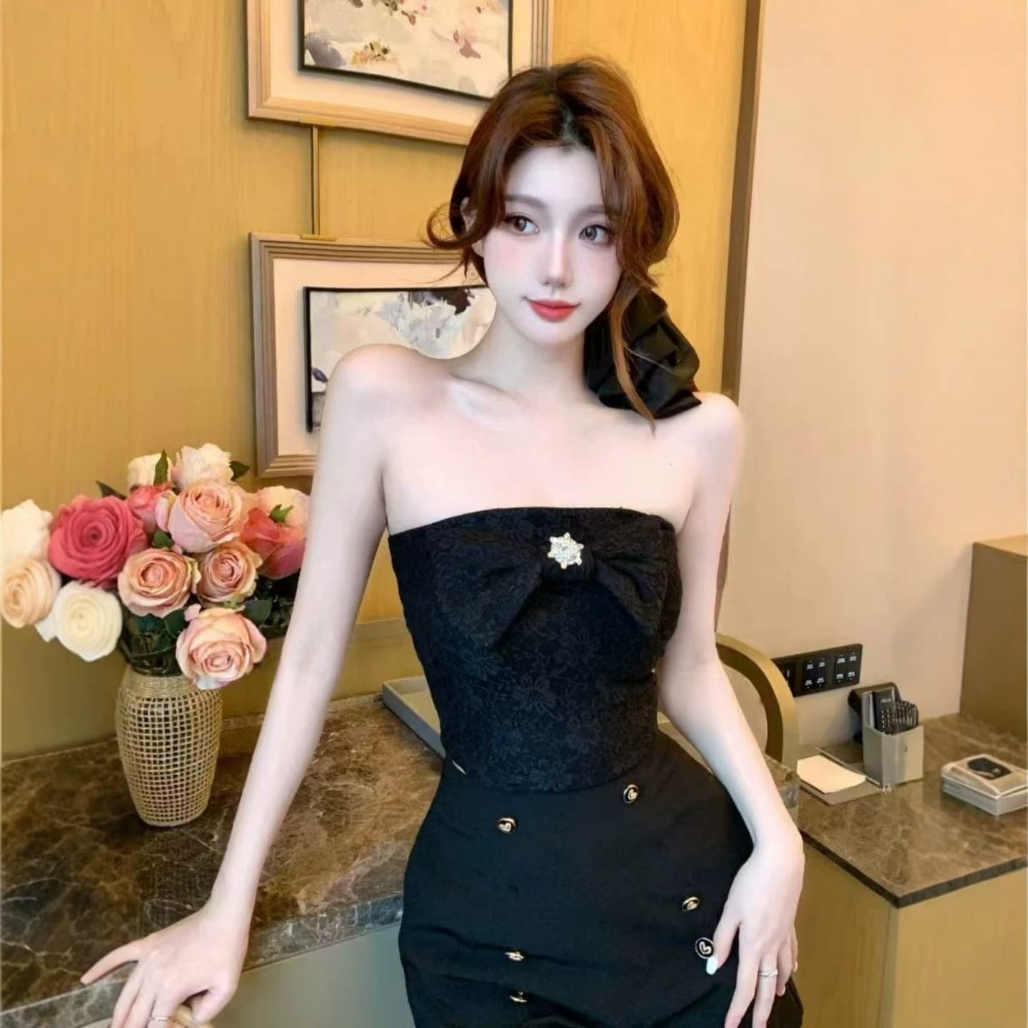 CD722 with chest pad, lace bow one-shoulder pure desire tube top for women, strapless short camisole