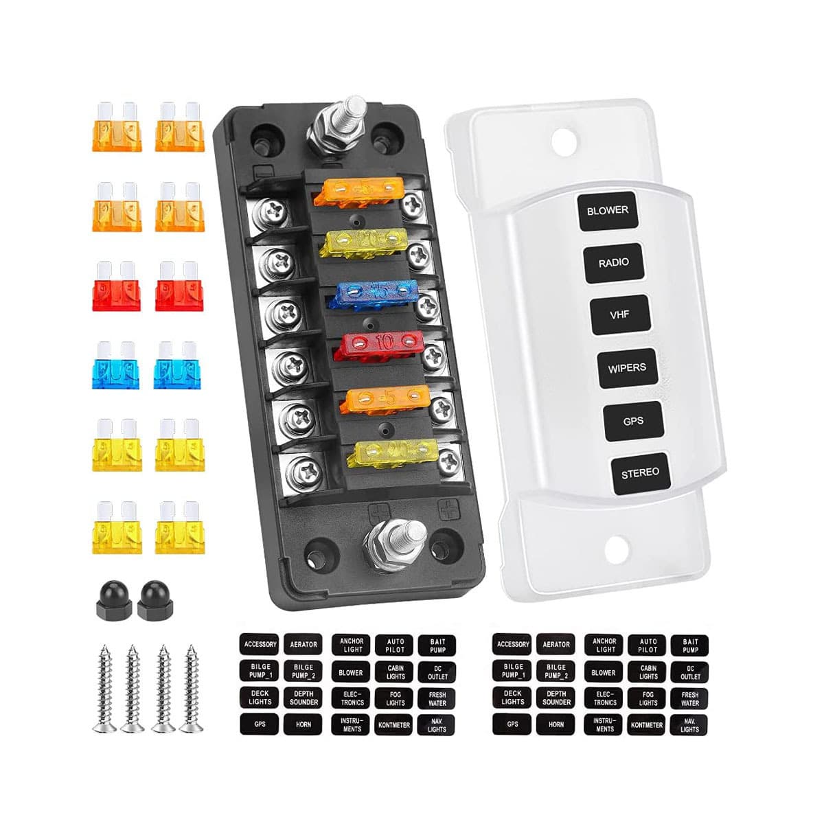 6-Way Fuse Box Integrated Positive and Negative Poles 75A Current Fuse Holder with Fuse Kit