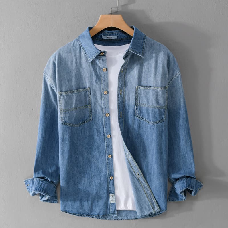 Spring/Autumn Simple Versatile Denim Men's Long Sleeve Shirt Casual Loose Retro Youth Shirt 9674