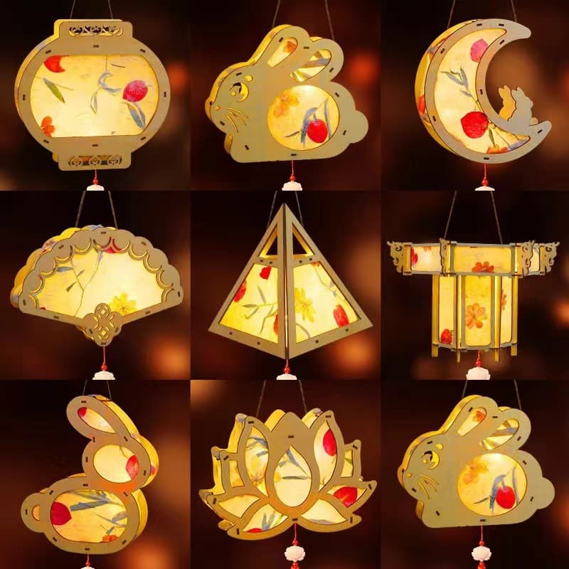Children's Jade Rabbit Pavilion New Lanterns, Palace Lanterns, Glowing Lanterns, Wooden Jade Rabbit Handmade Children's DIY Lanterns