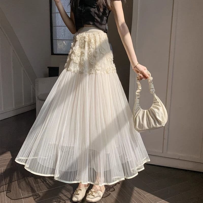 Design three-dimensional flower mesh skirt for women 2025 summer heavy industry irregular umbrella skirt pleated a-line skirt for women