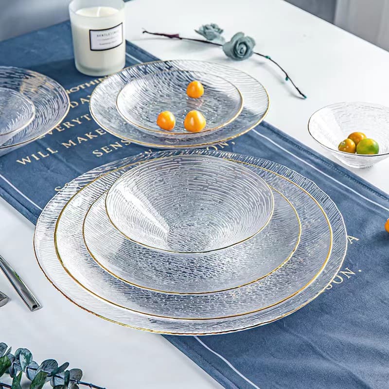 Gold Rimmed Transparent Hammered Glass Fruit Vegetable Salad Plate Dessert Glass Plate Set Wholesale Bowls Dishes Tableware