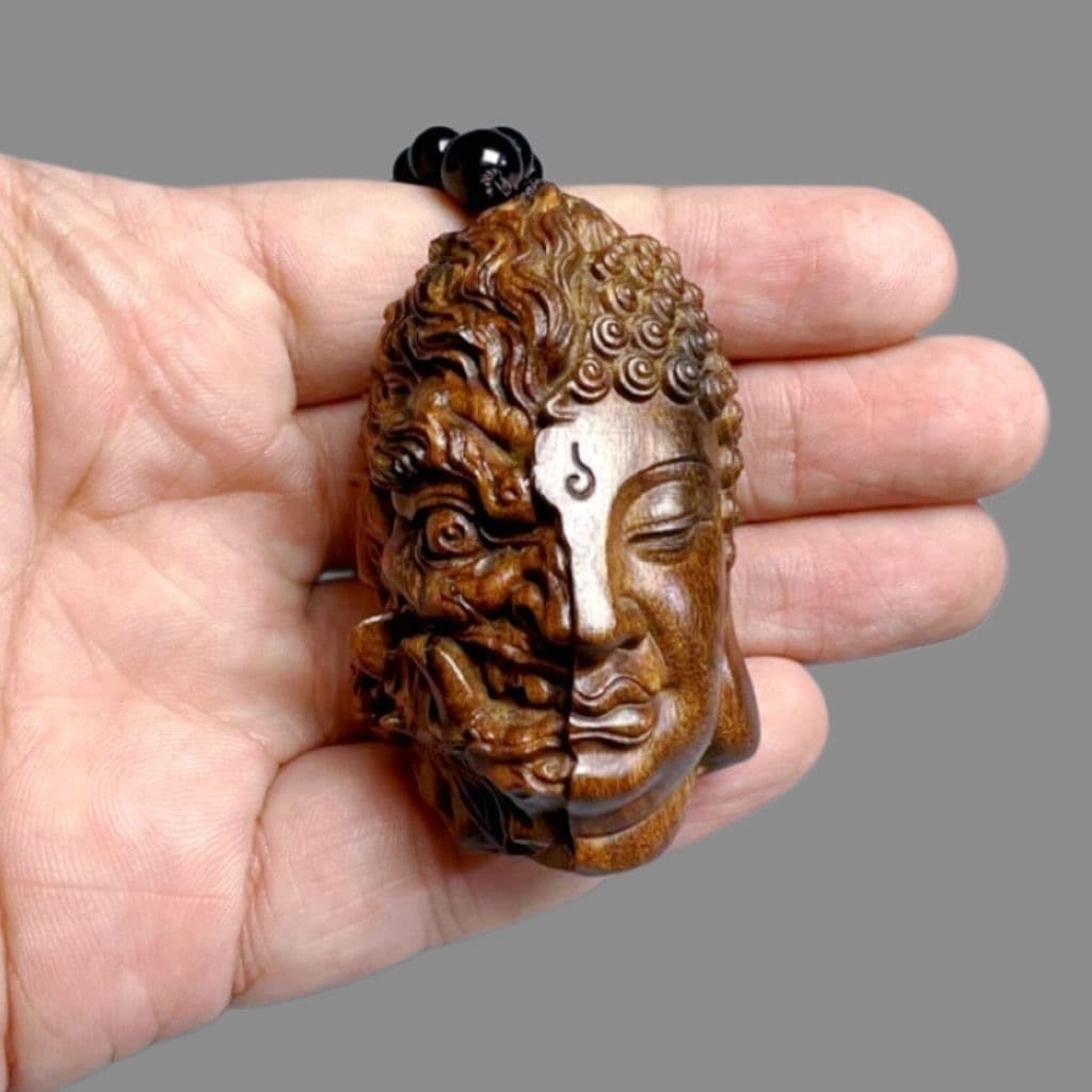 Agarwood Carved "Between Thoughts" Handheld Solid Wood Pendant of Good and Evil, Buddha and Demon, Car Ornament for Men