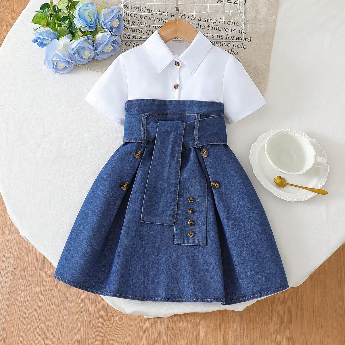 2025 New European-American Style Cross-Border Girls' Chic Dress Denim Patchwork Solid Color Dress