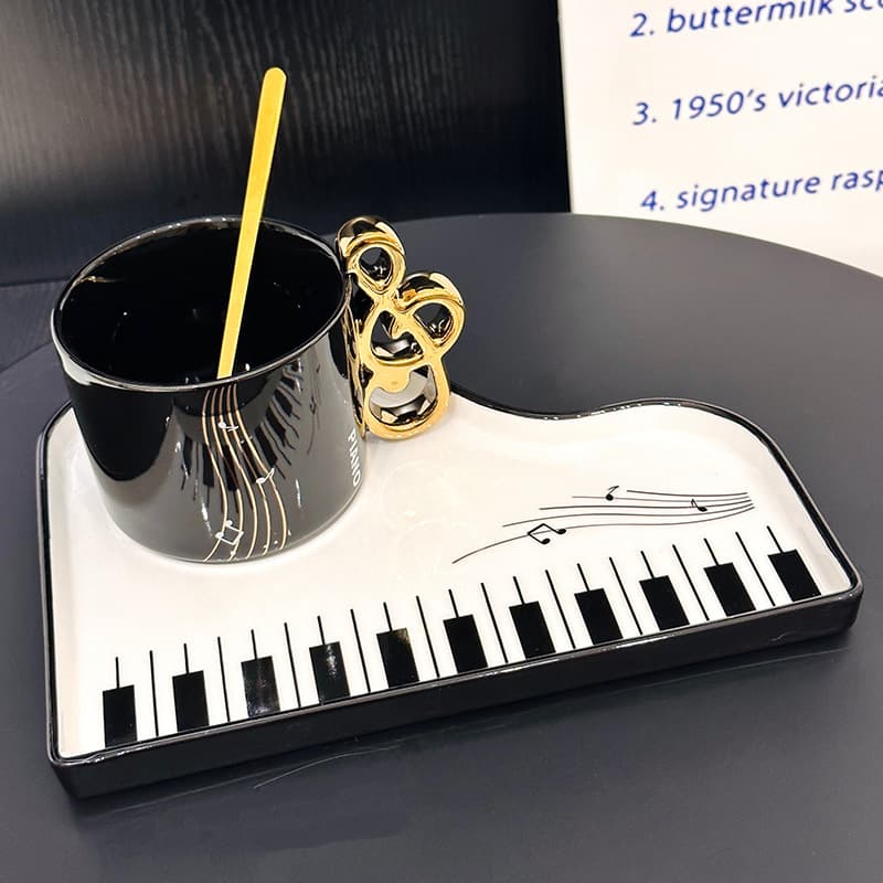 Creative Design Piano-Shaped Ceramic Coffee Cup and Saucer with Spoon 200ml High-Aesthetic Hand-Pour Coffee Cup Gift