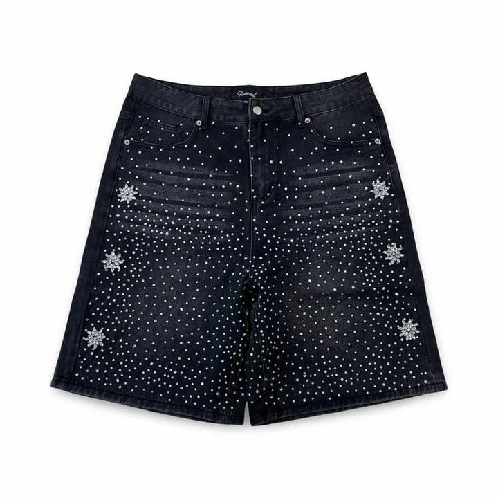 Cross-border Amazon hot diamond denim shorts summer American retro street trend hip-hop loose denim shorts